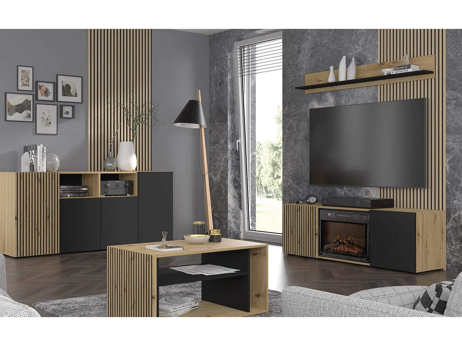 TV-Schrank AURIS 150 cm mit Elektrokamin Eiche Artisan / Schwarz Matt