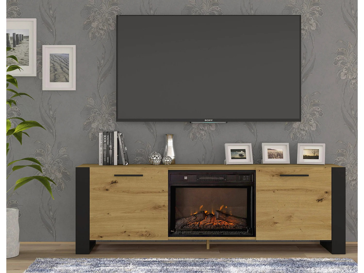 Meuble TV NUKA 180 cm avec cheminée électrique chêne artisan