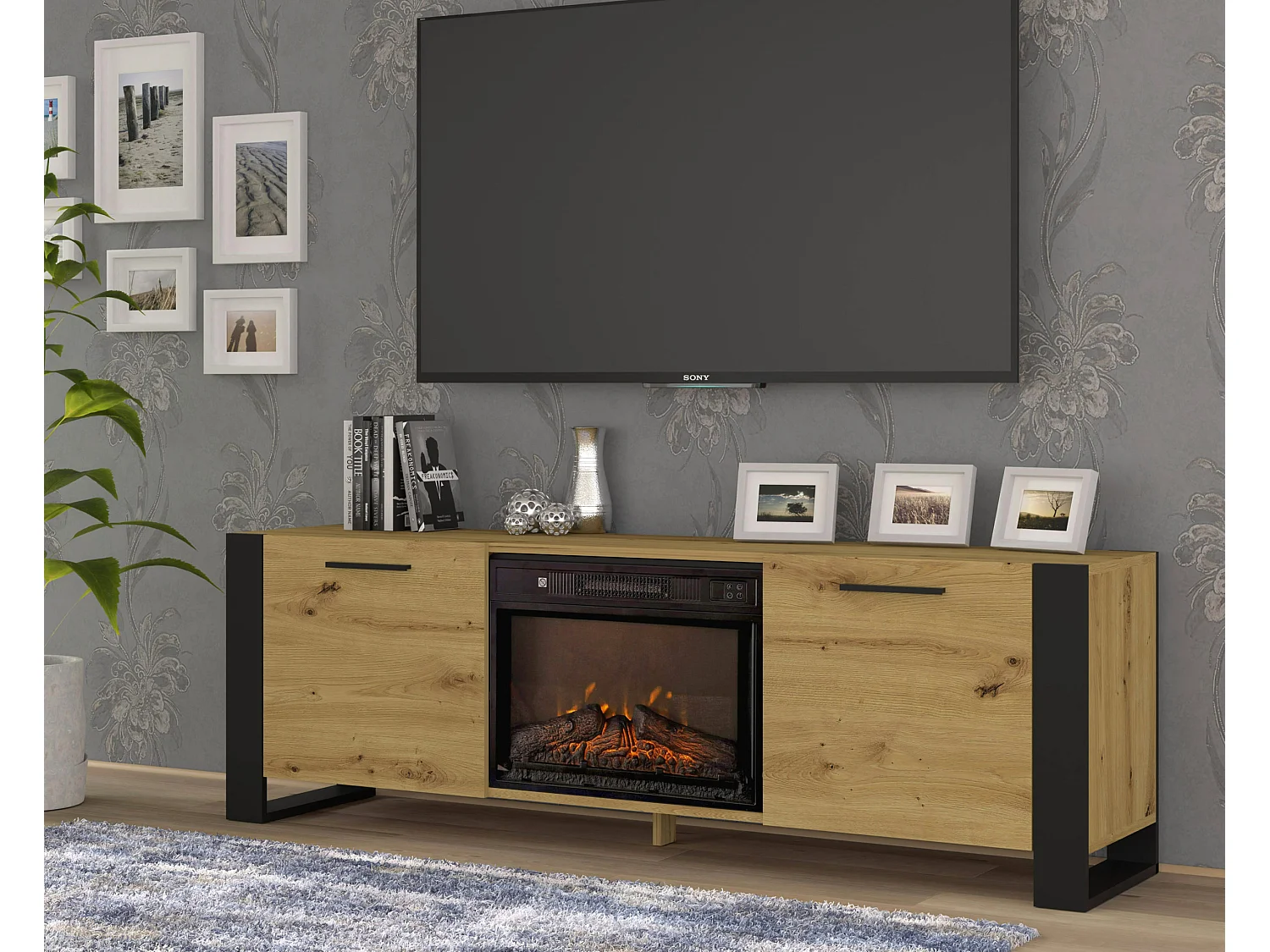 Meuble TV NUKA 180 cm avec cheminée électrique chêne artisan