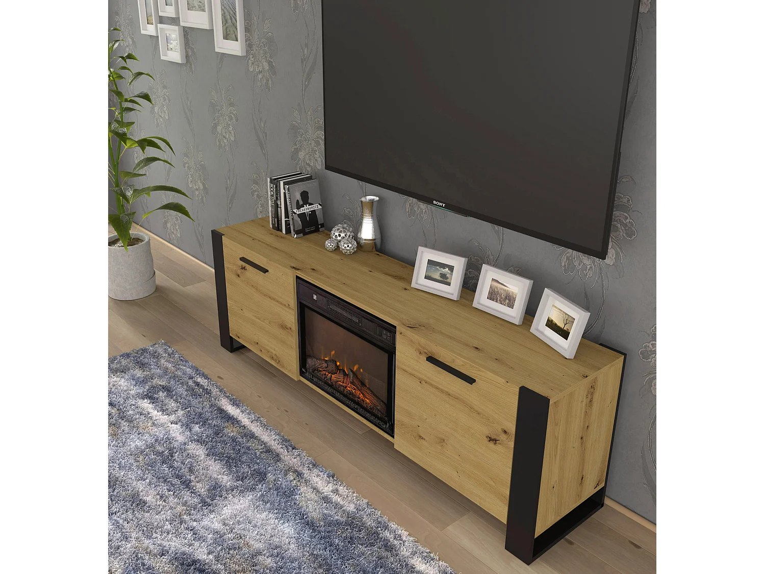 Meuble TV NUKA 180 cm avec cheminée électrique chêne artisan