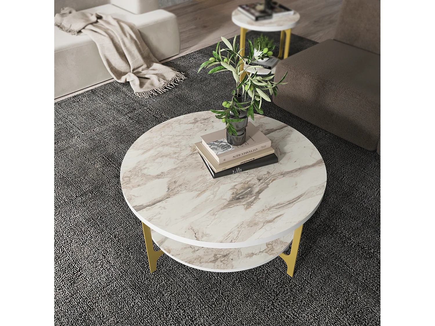 Table basse ronde avec le cadre en métal  (Effet marbre blanc et doré)