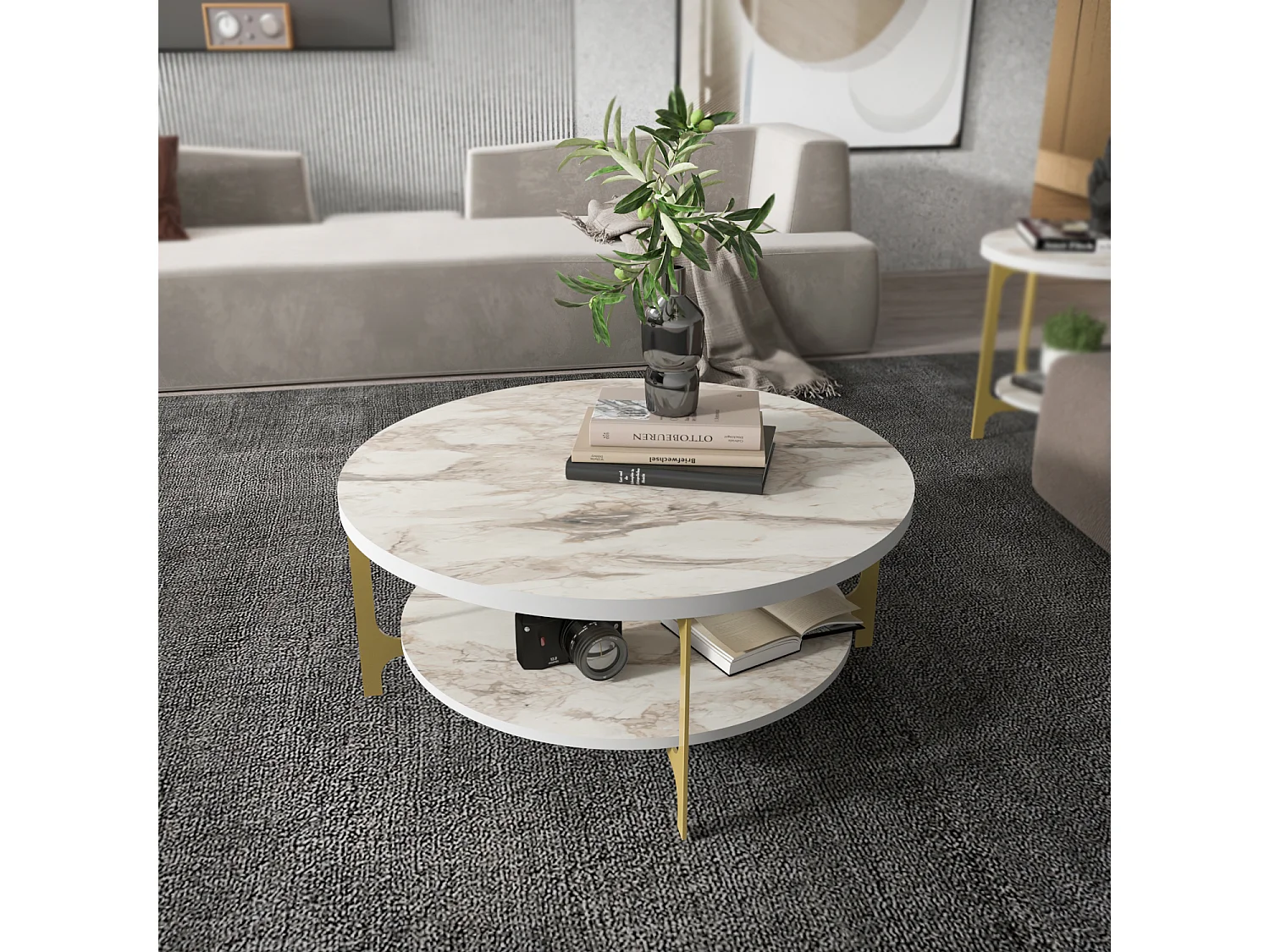 Table basse ronde avec le cadre en métal  (Effet marbre blanc et doré)