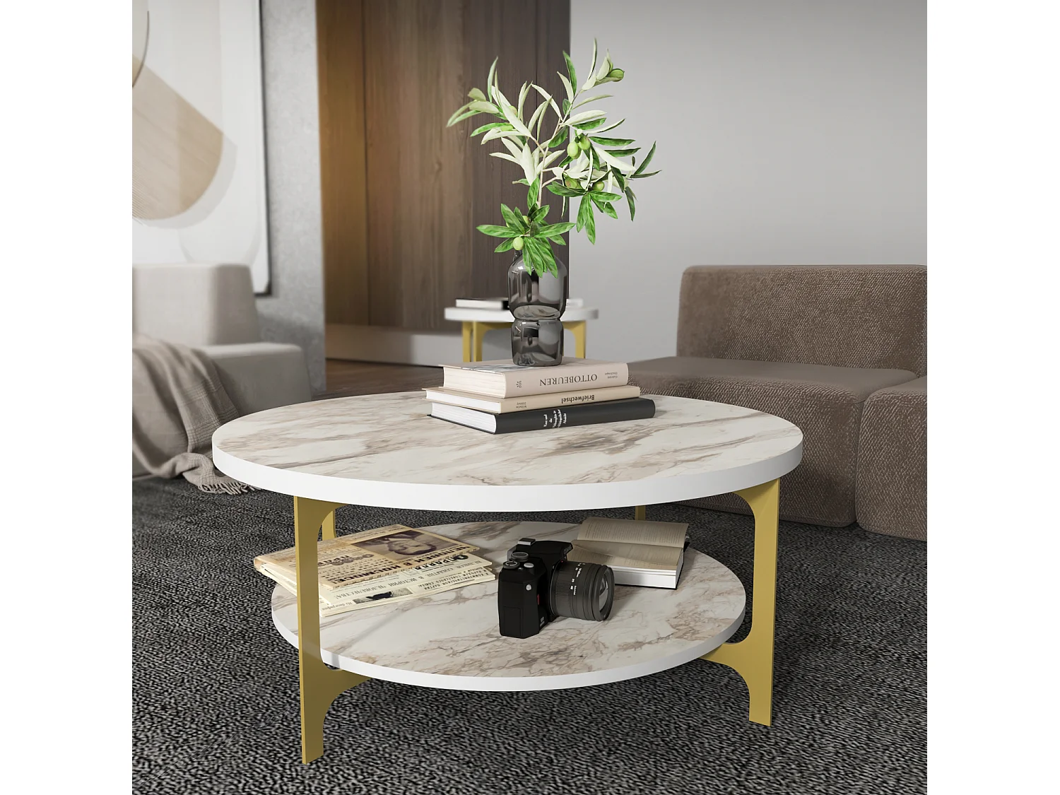 Table basse ronde avec le cadre en métal  (Effet marbre blanc et doré)