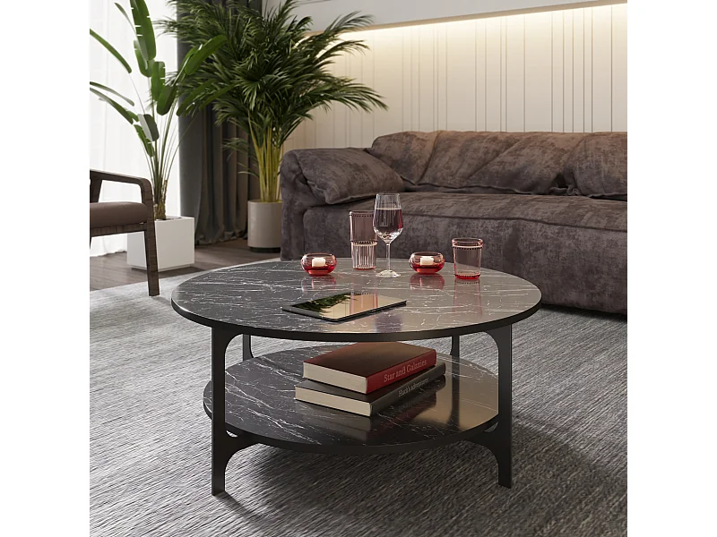 Table basse ronde avec le cadre en métal (Effet marbre noir et noir)