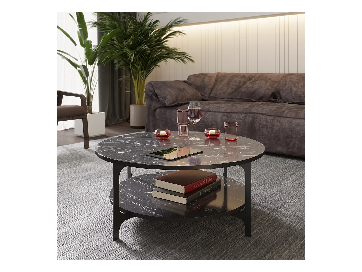 Table basse ronde avec le cadre en métal (Effet marbre noir et noir)