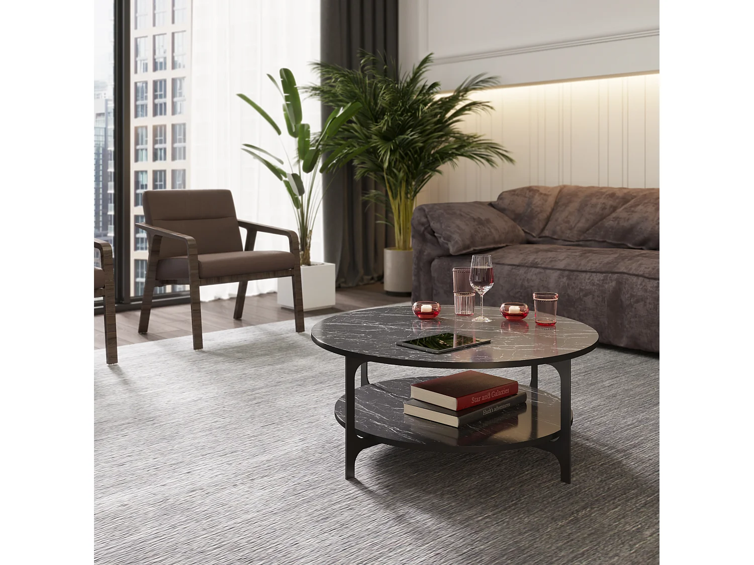 Table basse ronde avec le cadre en métal (Effet marbre noir et noir)