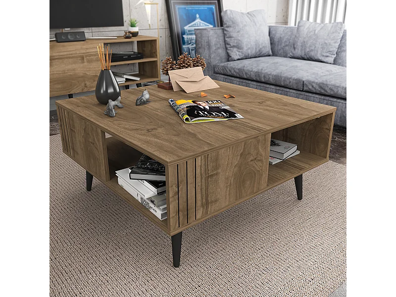 Table basse carré avec niche Ronas avec les pieds en bois (Noyer)