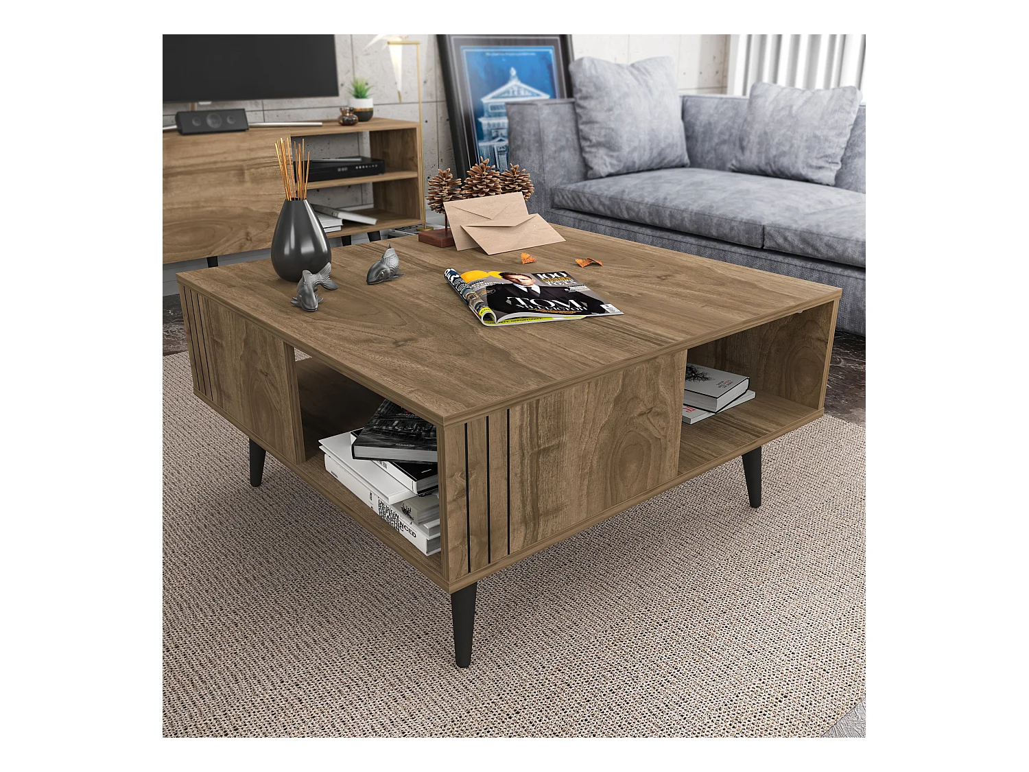 Table basse carré avec niche Ronas avec les pieds en bois (Noyer)