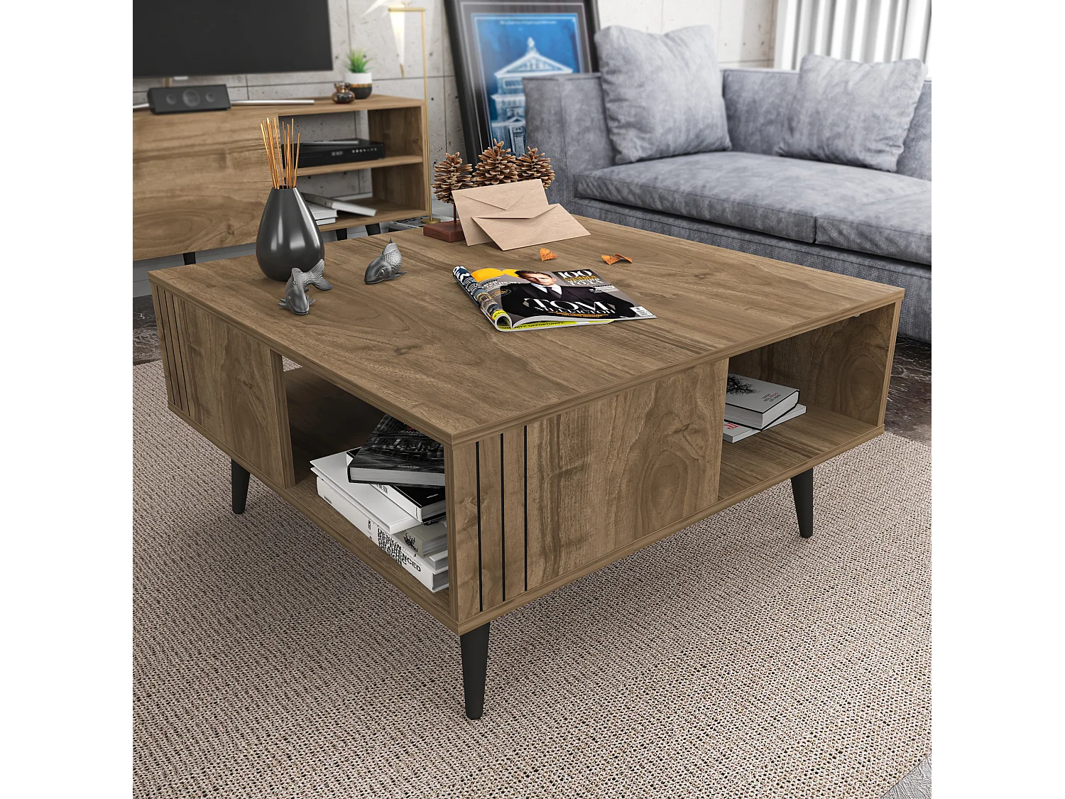 Table basse carré avec niche Ronas avec les pieds en bois (Noyer)