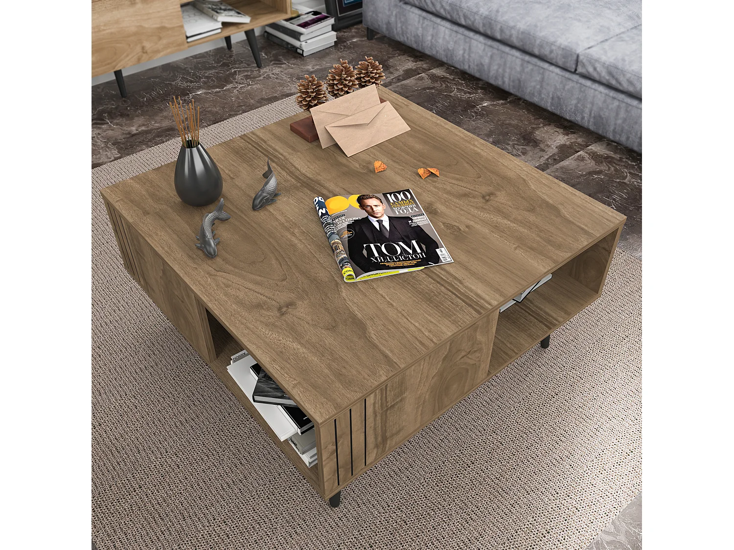 Table basse carré avec niche Ronas avec les pieds en bois (Noyer)