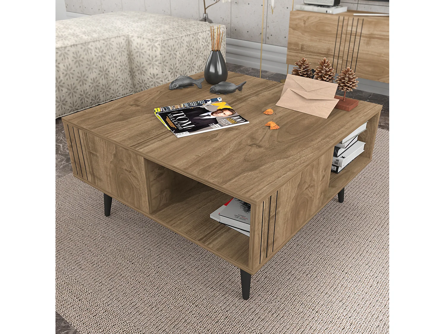 Table basse carré avec niche Ronas avec les pieds en bois (Noyer)