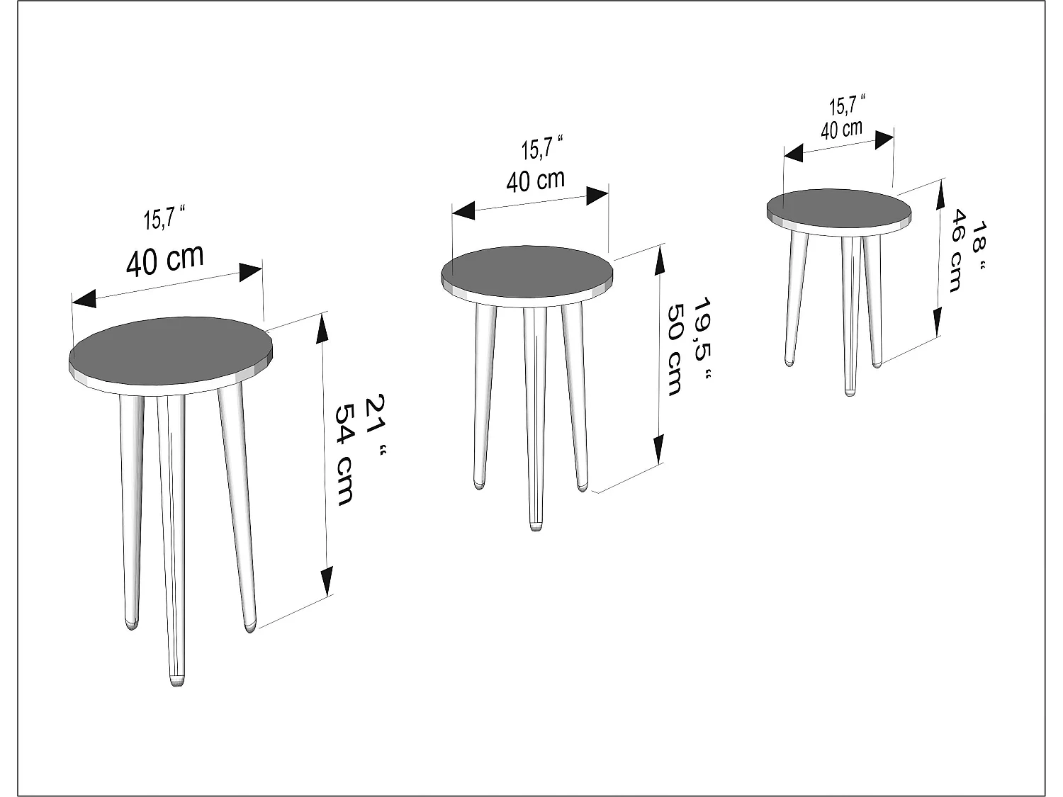 Tables gigognes, set de 3, le pied en bois, colorés (Teak, Créme et Turquoise)