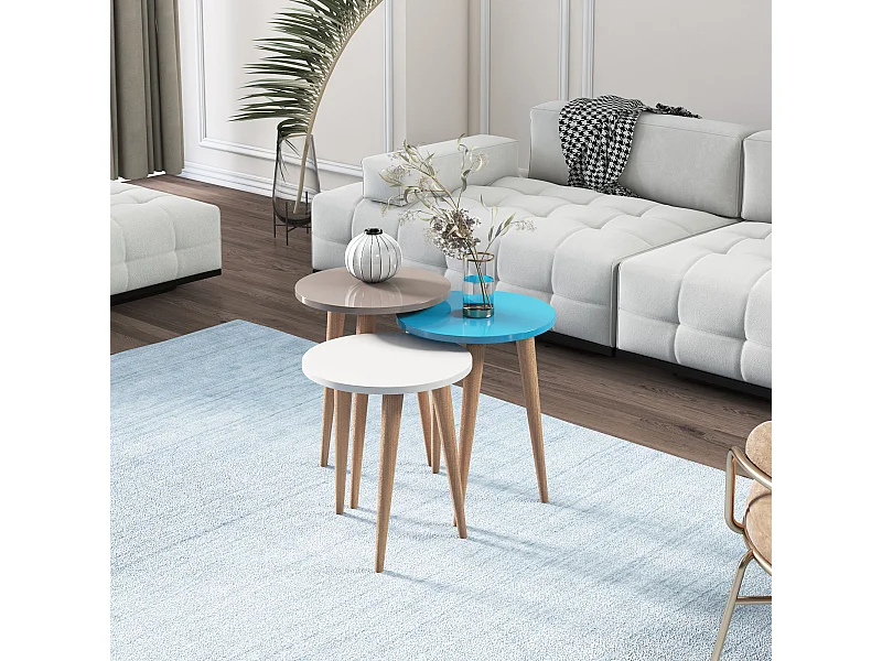 Tables gigognes, set de 3, le pied en bois, colorés (Teak, Créme et Turquoise)