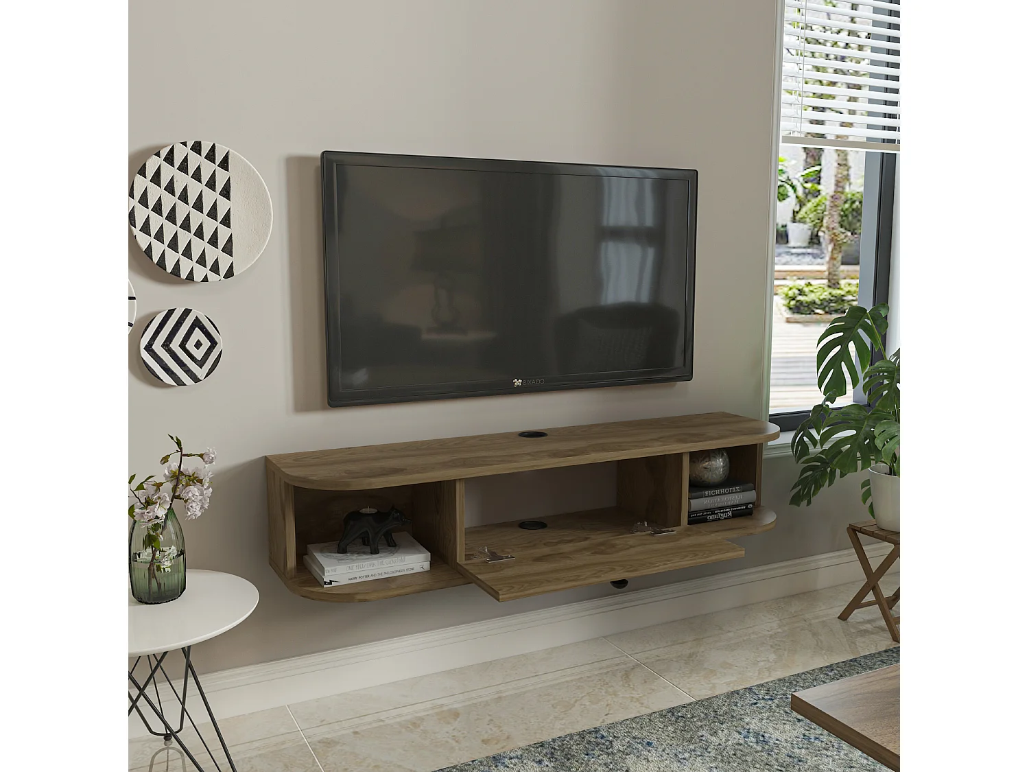 Meuble TV mural 120 cm avec placard et niches, modern et durable (Oud)