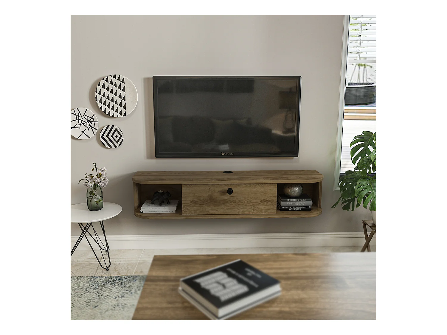 Meuble TV mural 120 cm avec placard et niches, modern et durable (Oud)