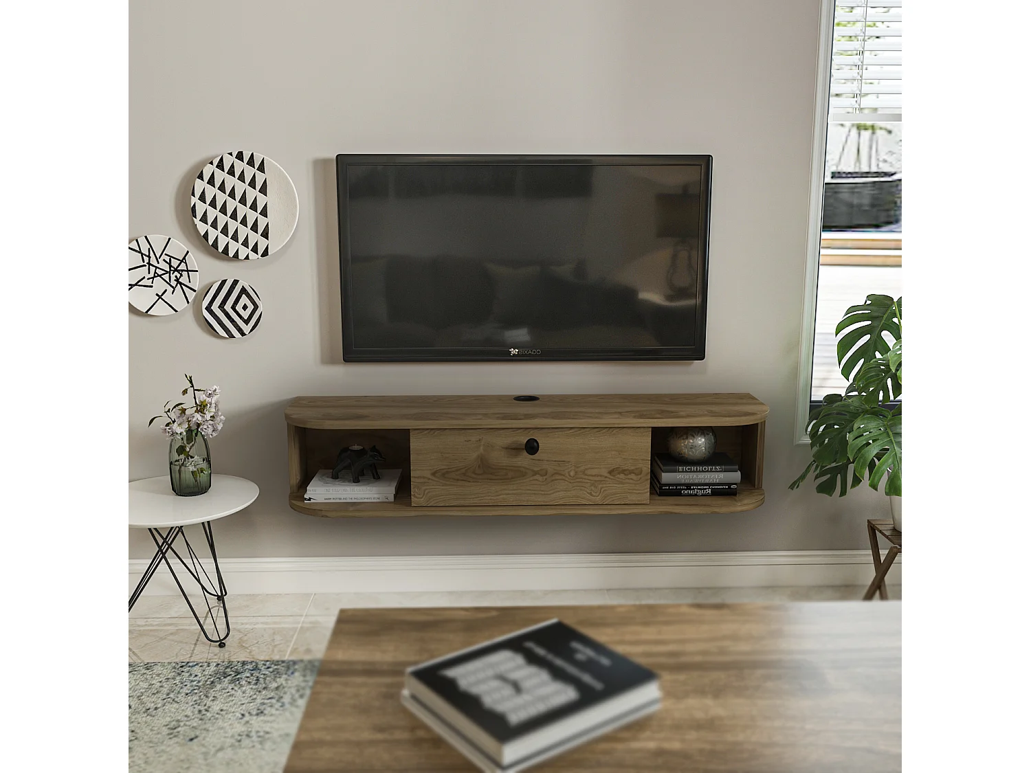 Meuble TV mural 120 cm avec placard et niches, modern et durable (Oud)
