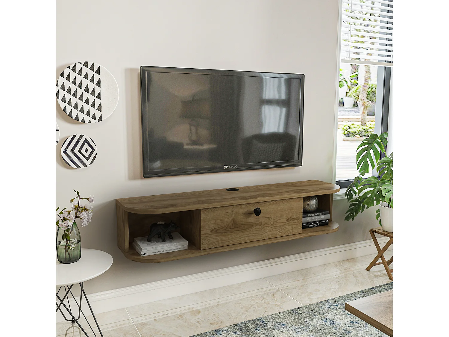 Meuble TV mural 120 cm avec placard et niches, modern et durable (Oud)