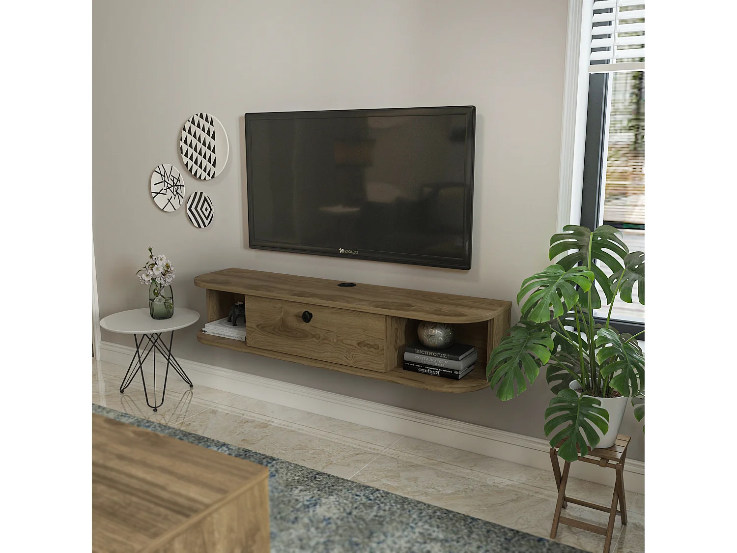 Meuble TV mural 120 cm avec placard et niches, modern et durable (Oud)