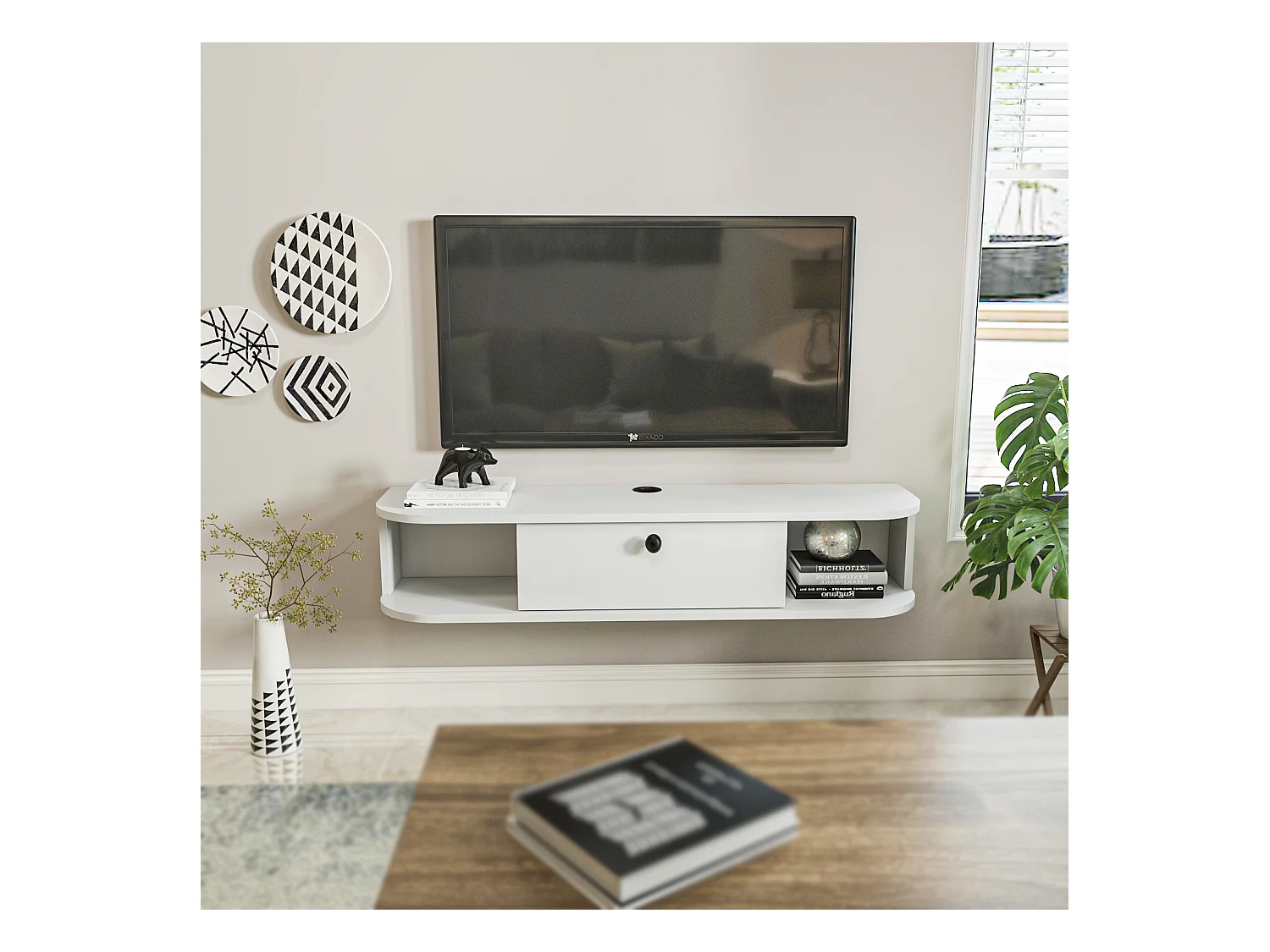 Meuble TV mural 120 cm avec placard et niches, modern et durable (Blanc)
