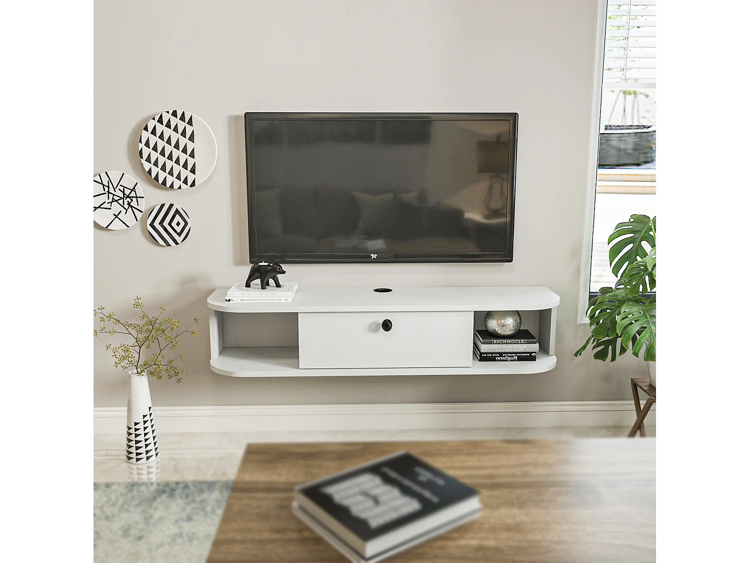 Meuble TV mural 120 cm avec placard et niches, modern et durable (Blanc)