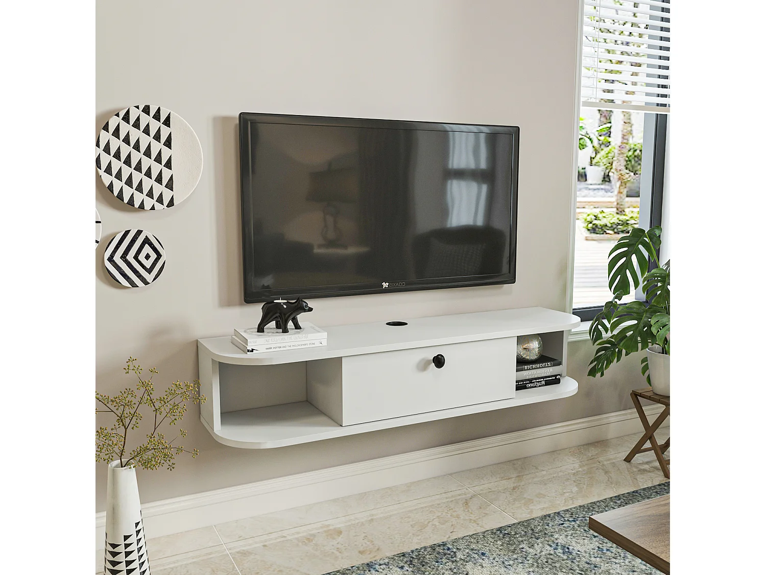 Meuble TV mural 120 cm avec placard et niches, modern et durable (Blanc)