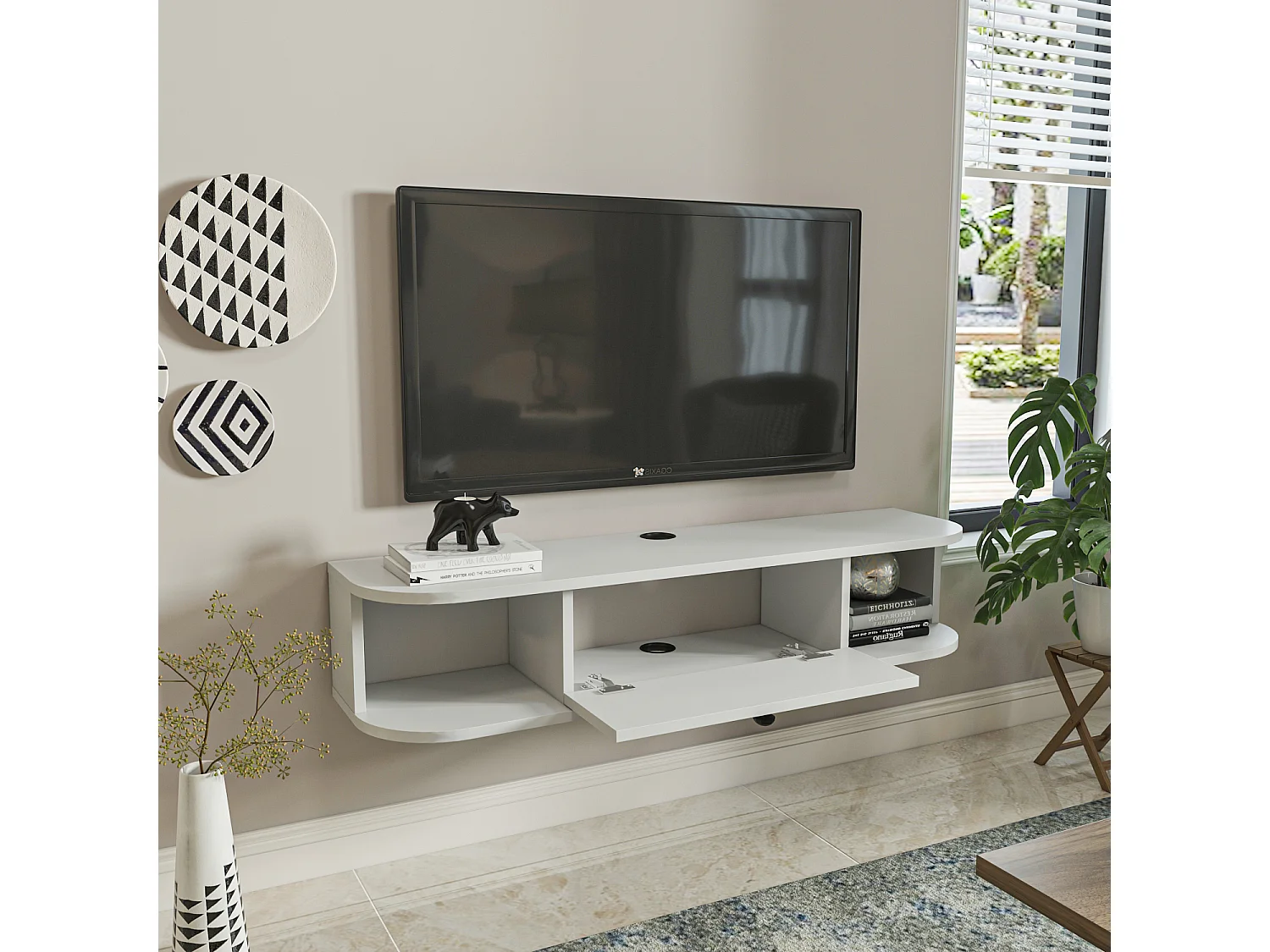 Meuble TV mural 120 cm avec placard et niches, modern et durable (Blanc)