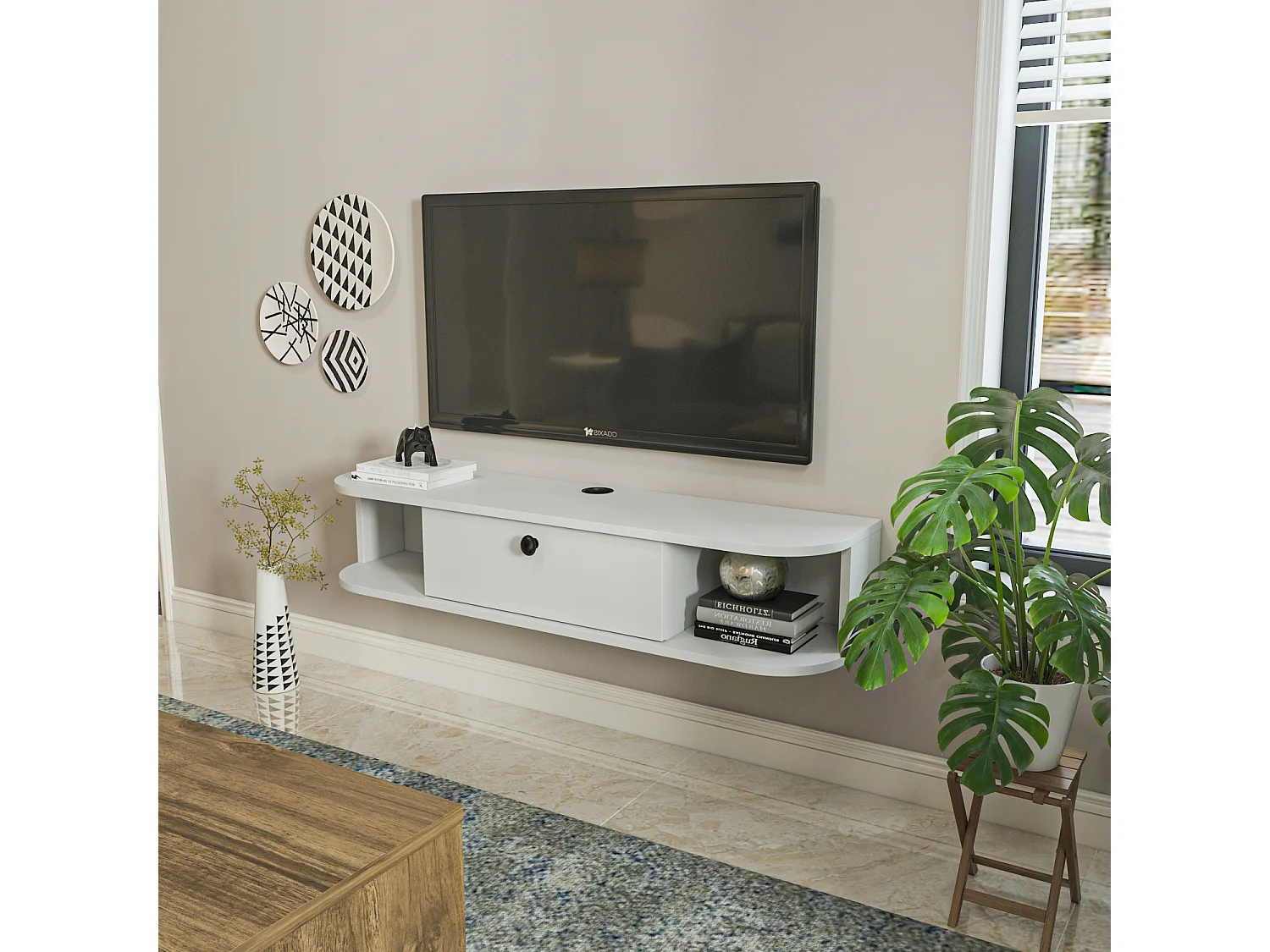 Meuble TV mural 120 cm avec placard et niches, modern et durable (Blanc)