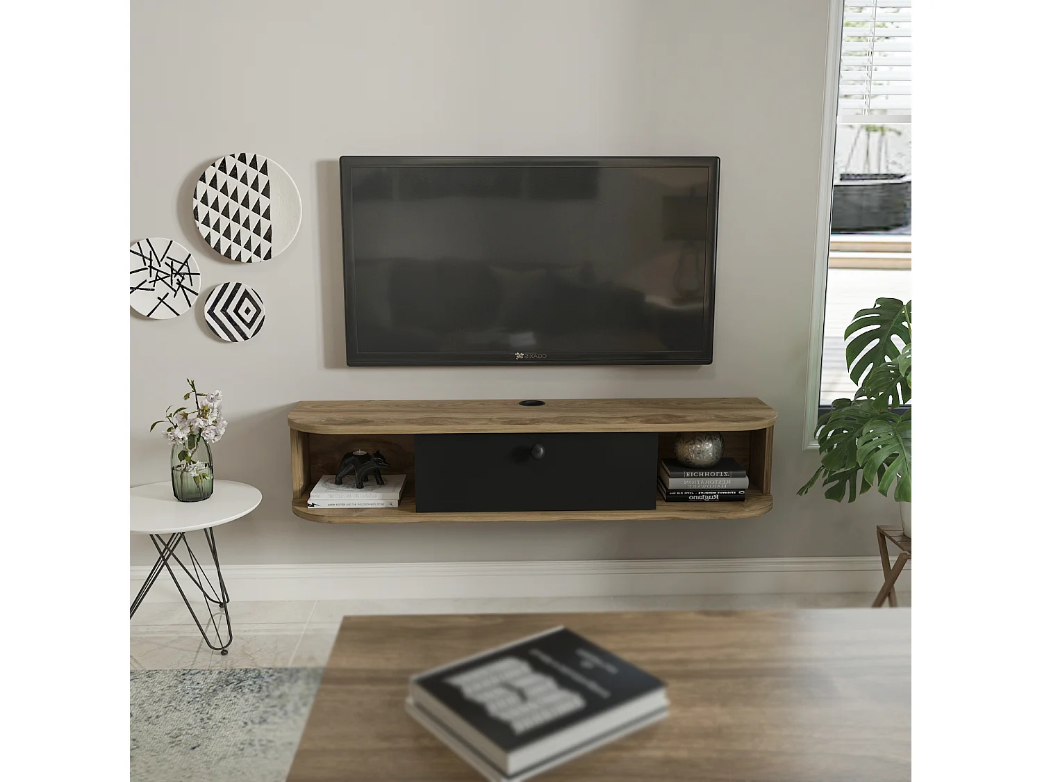 Meuble TV mural 120 cm avec placard et niches, modern et durable (Oud et Noir)