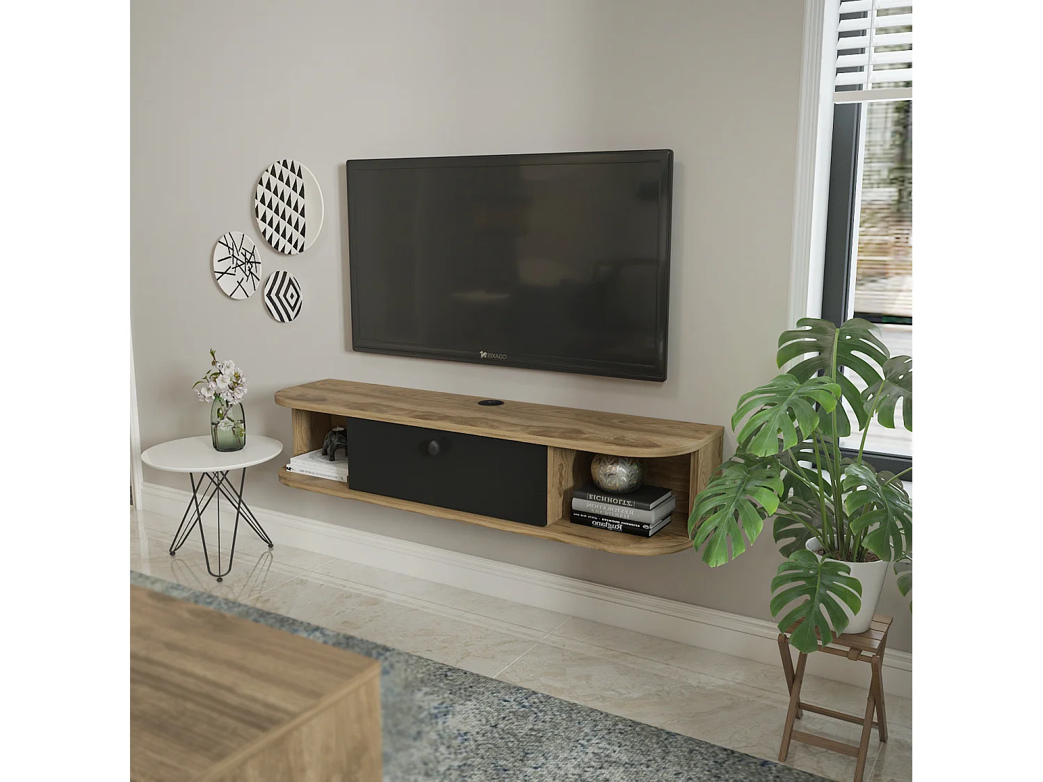 Meuble TV mural 120 cm avec placard et niches, modern et durable (Oud et Noir)