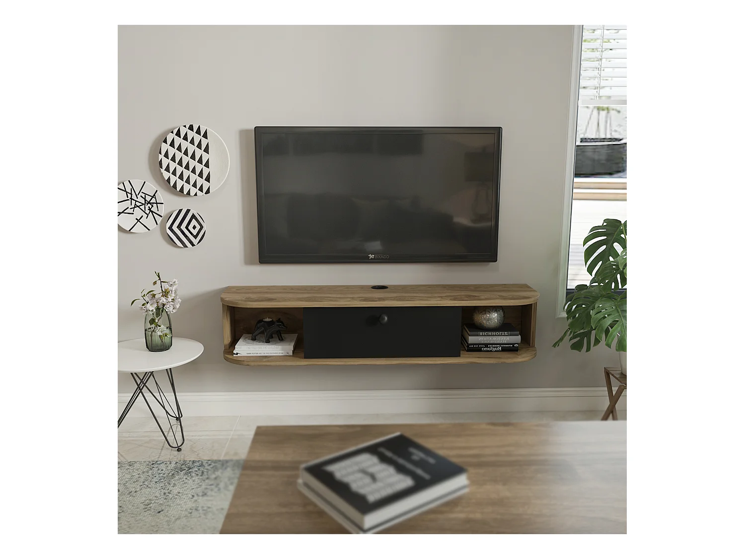 Meuble TV mural 120 cm avec placard et niches, modern et durable (Oud et Noir)