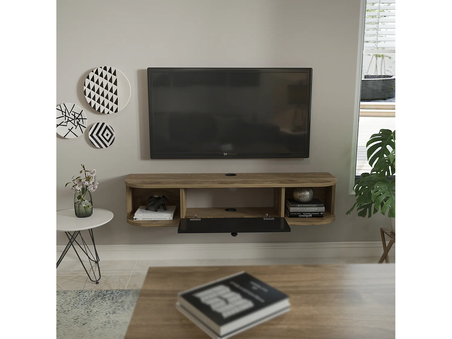 Meuble TV mural 120 cm avec placard et niches, modern et durable (Oud et Noir)