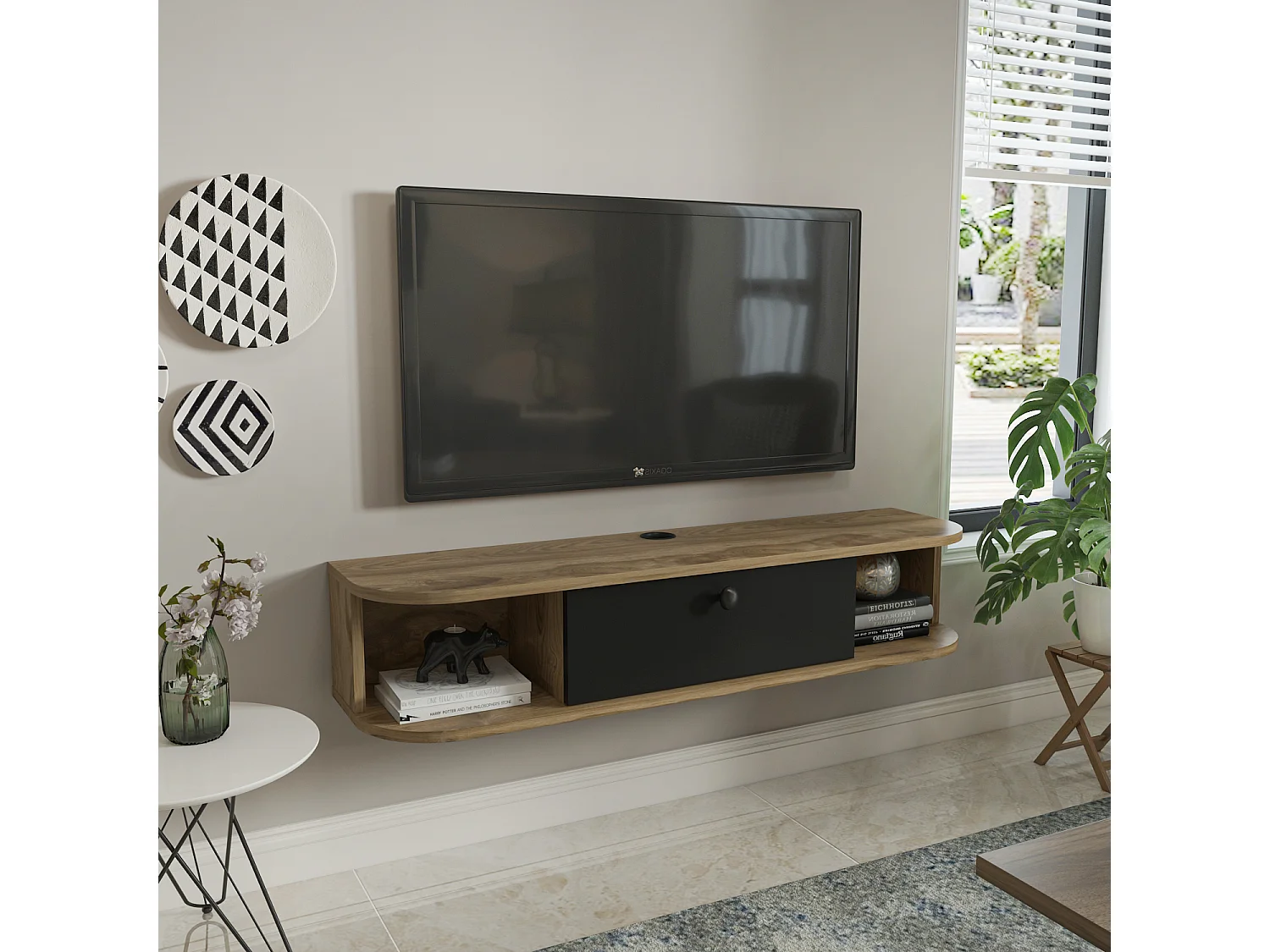 Meuble TV mural 120 cm avec placard et niches, modern et durable (Oud et Noir)