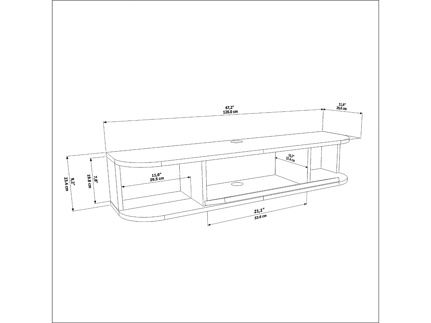 Meuble TV mural 120 cm avec placard et niches, modern et durable (Oud et Noir)