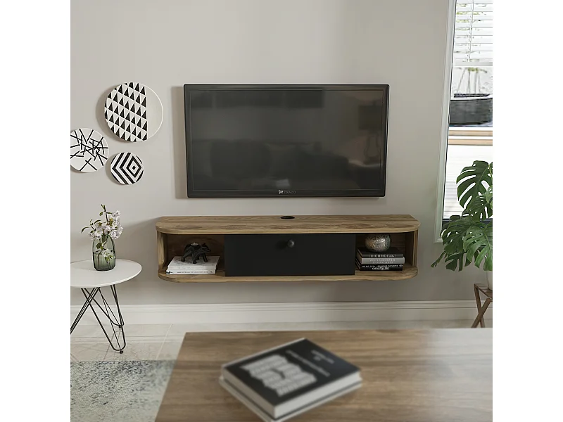 Meuble TV mural 120 cm avec placard et niches, modern et durable (Oud et Noir)