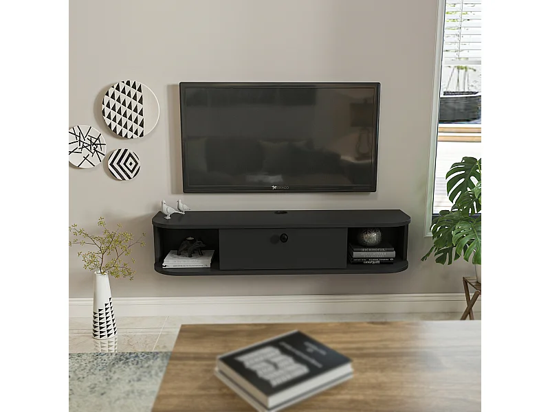 Meuble TV mural 120 cm avec placard et niches, modern et durable (Anthracite)