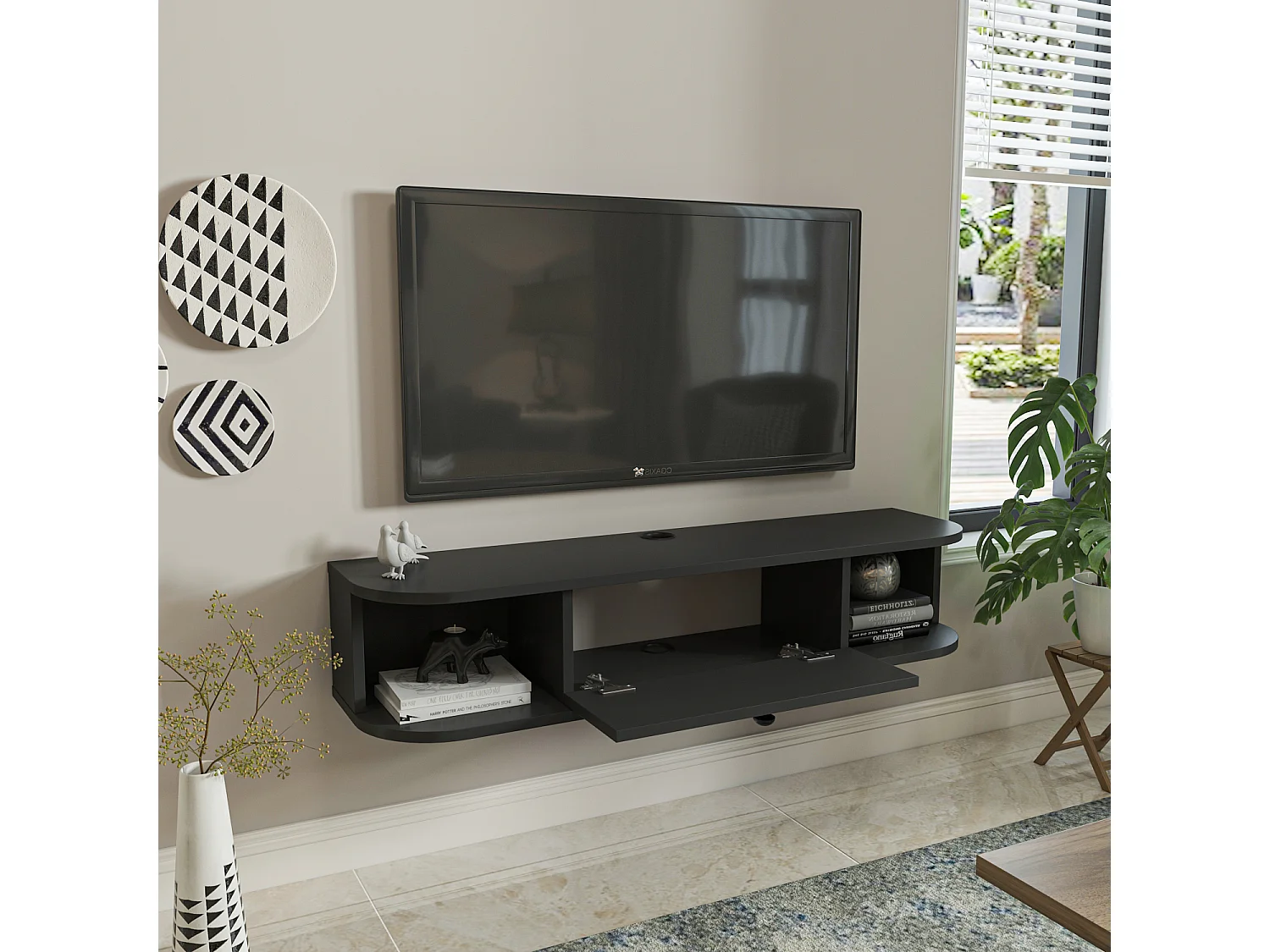Meuble TV mural 120 cm avec placard et niches, modern et durable (Anthracite)