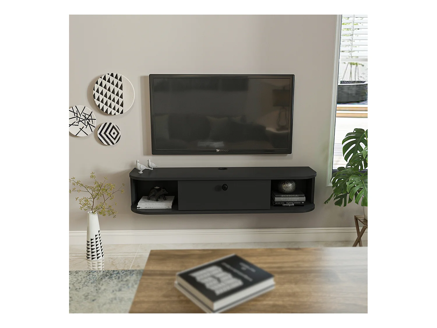 Meuble TV mural 120 cm avec placard et niches, modern et durable (Anthracite)