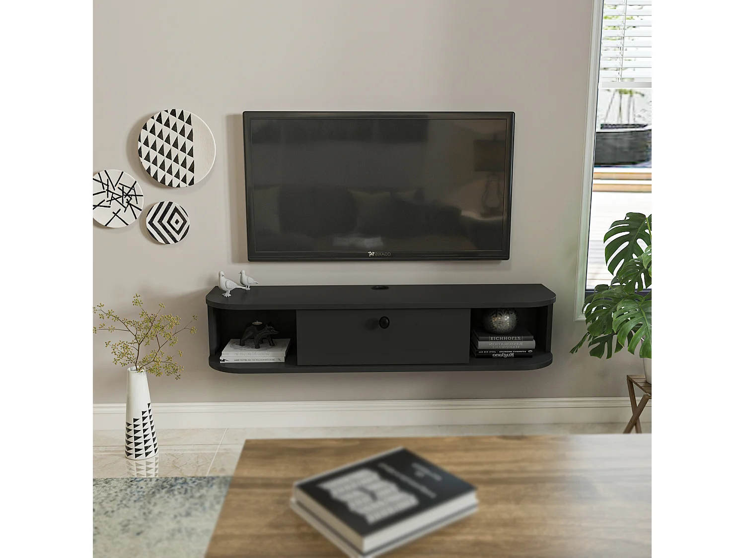 Meuble TV mural 120 cm avec placard et niches, modern et durable (Anthracite)