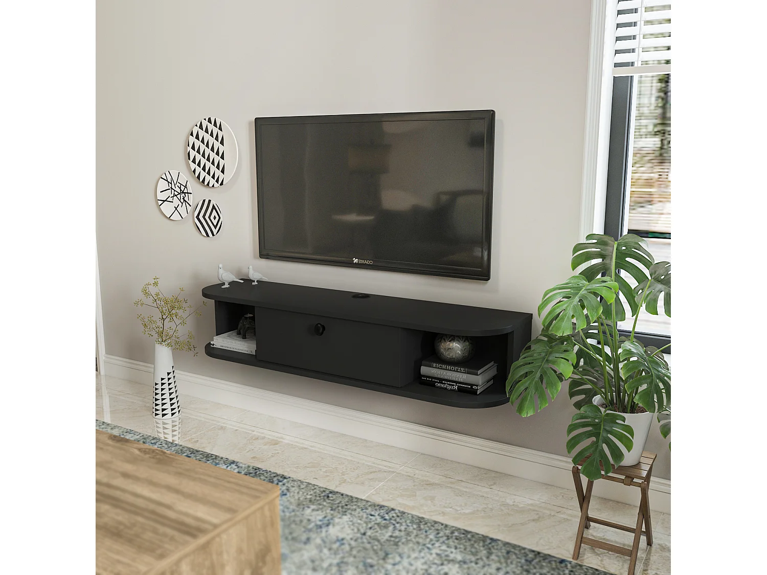 Meuble TV mural 120 cm avec placard et niches, modern et durable (Anthracite)