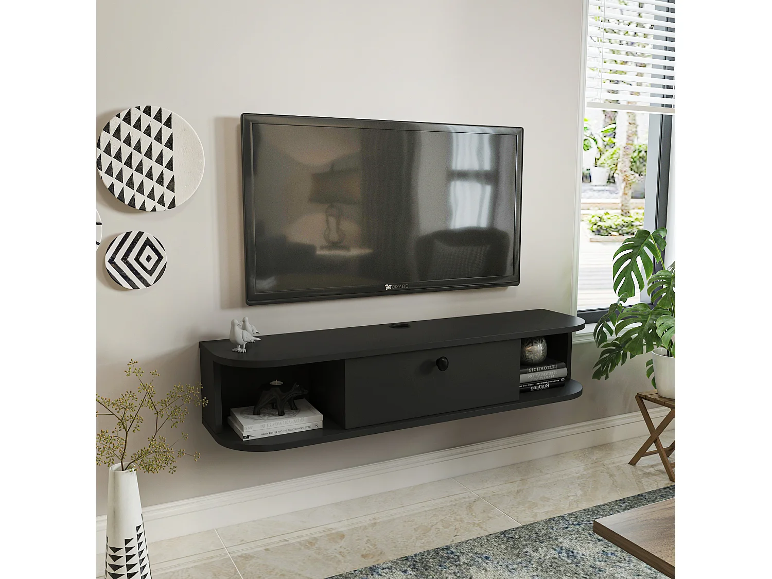 Meuble TV mural 120 cm avec placard et niches, modern et durable (Anthracite)