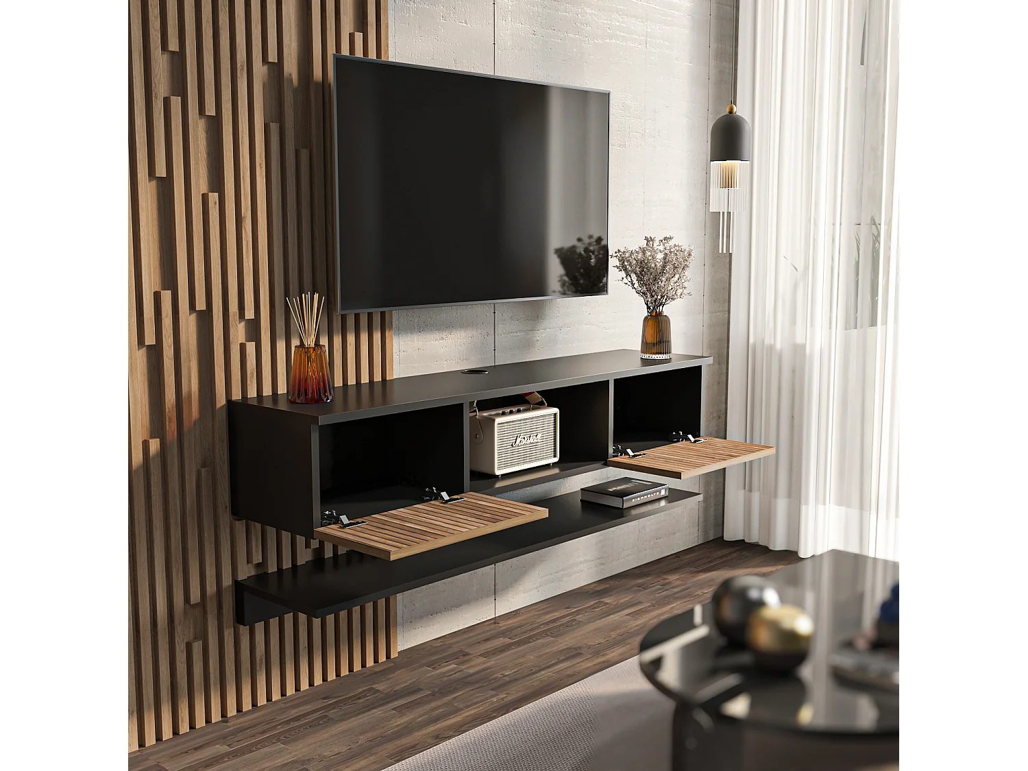 Meuble TV Mural Elia Flottant 140 cm, Armoires, Passe-Cable, Étagère Murale Incluse (Noir et Effet Alina)