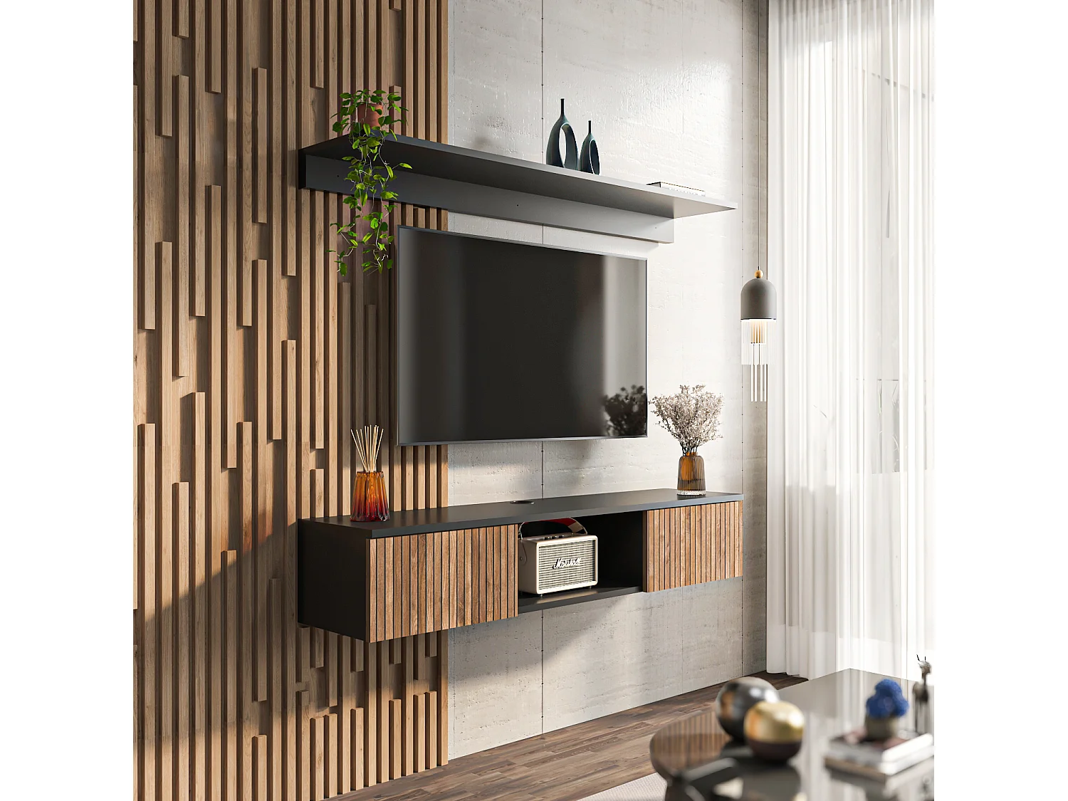 Meuble TV Mural Elia Flottant 140 cm, Armoires, Passe-Cable, Étagère Murale Incluse (Noir et Effet Alina)