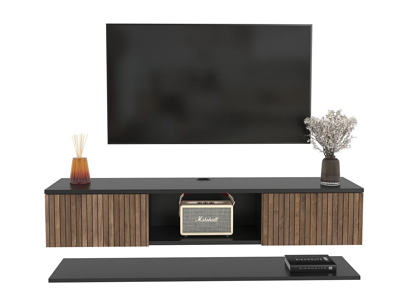 Meuble TV Mural Elia Flottant 140 cm, Armoires, Passe-Cable, Étagère Murale Incluse (Noir et Effet Alina)