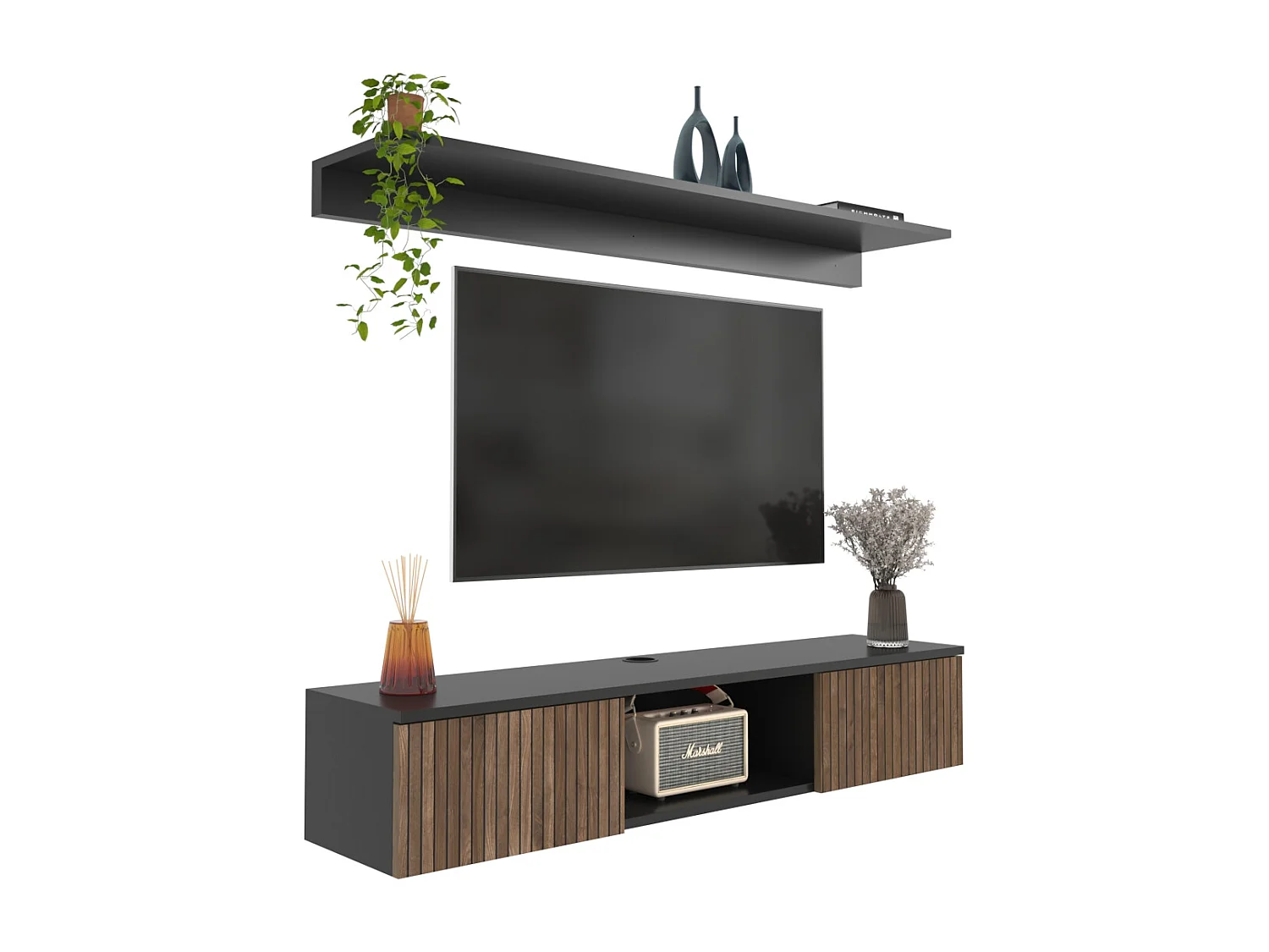 Meuble TV Mural Elia Flottant 140 cm, Armoires, Passe-Cable, Étagère Murale Incluse (Noir et Effet Alina)