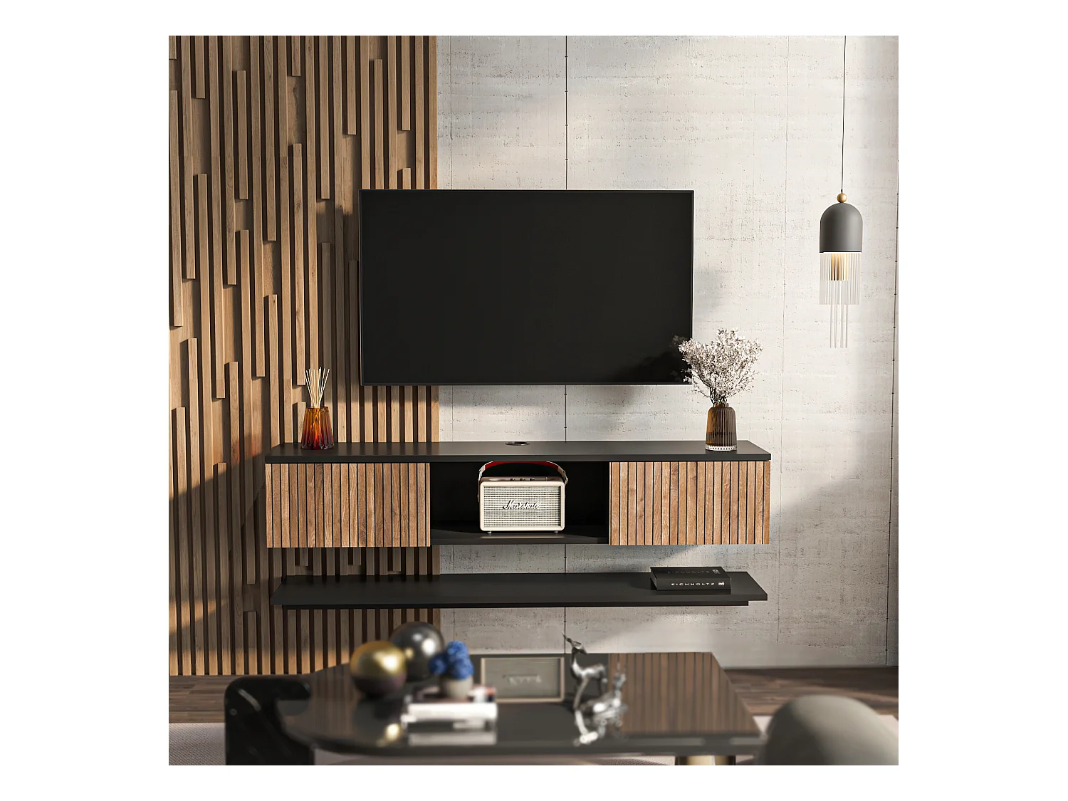 Meuble TV Mural Elia Flottant 140 cm, Armoires, Passe-Cable, Étagère Murale Incluse (Noir et Effet Alina)
