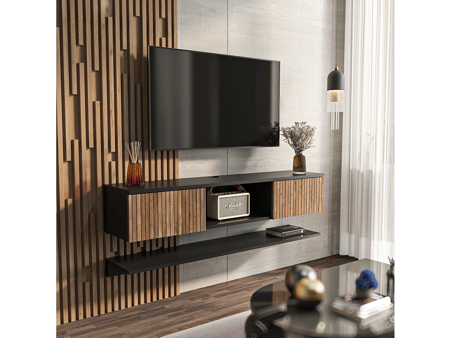 Meuble TV Mural Elia Flottant 140 cm, Armoires, Passe-Cable, Étagère Murale Incluse (Noir et Effet Alina)