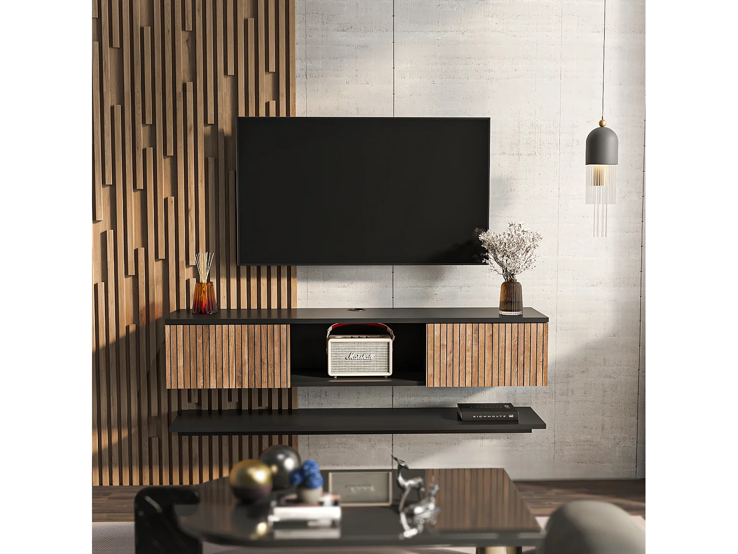 Meuble TV Mural Elia Flottant 140 cm, Armoires, Passe-Cable, Étagère Murale Incluse (Noir et Effet Alina)