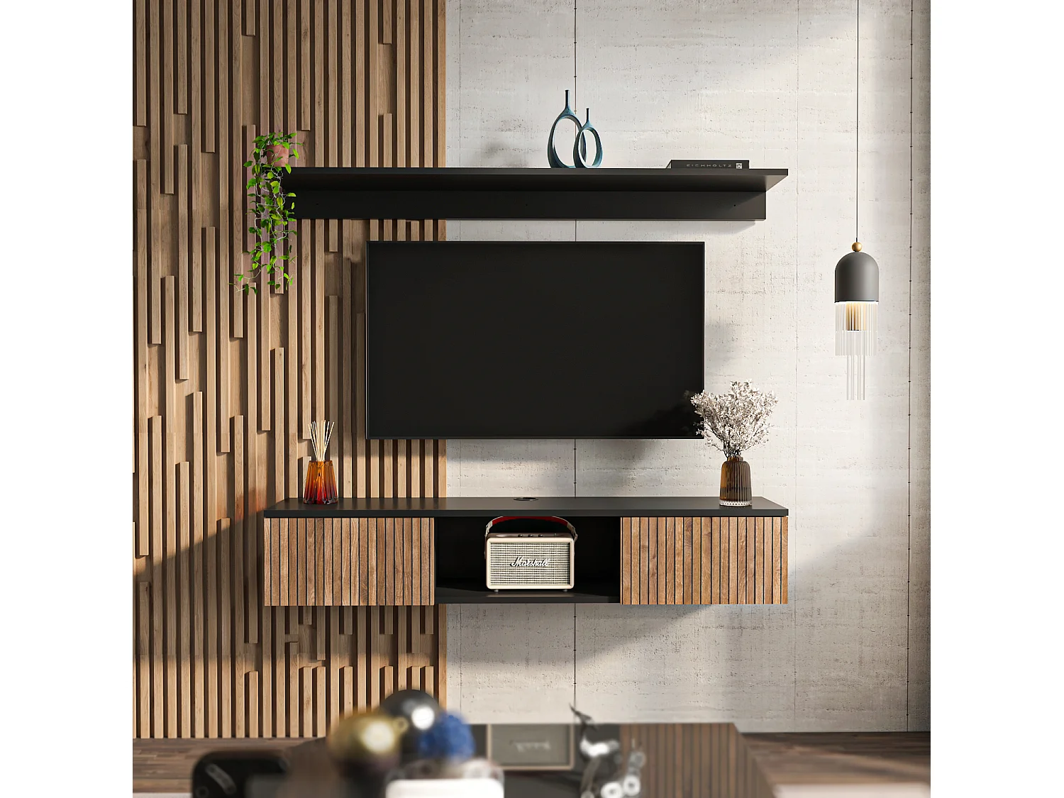 Meuble TV Mural Elia Flottant 140 cm, Armoires, Passe-Cable, Étagère Murale Incluse (Noir et Effet Alina)