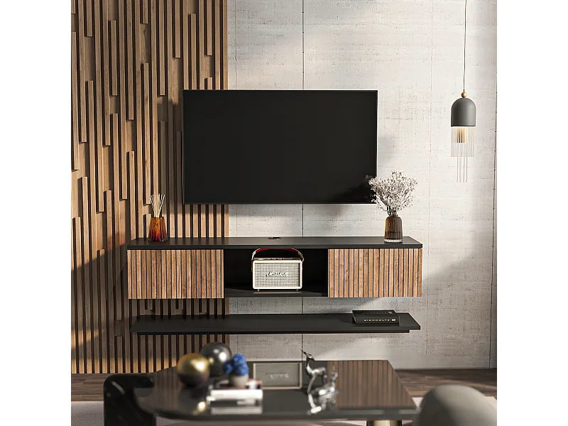 Meuble TV Mural Elia Flottant 140 cm, Armoires, Passe-Cable, Étagère Murale Incluse (Noir et Effet Alina)