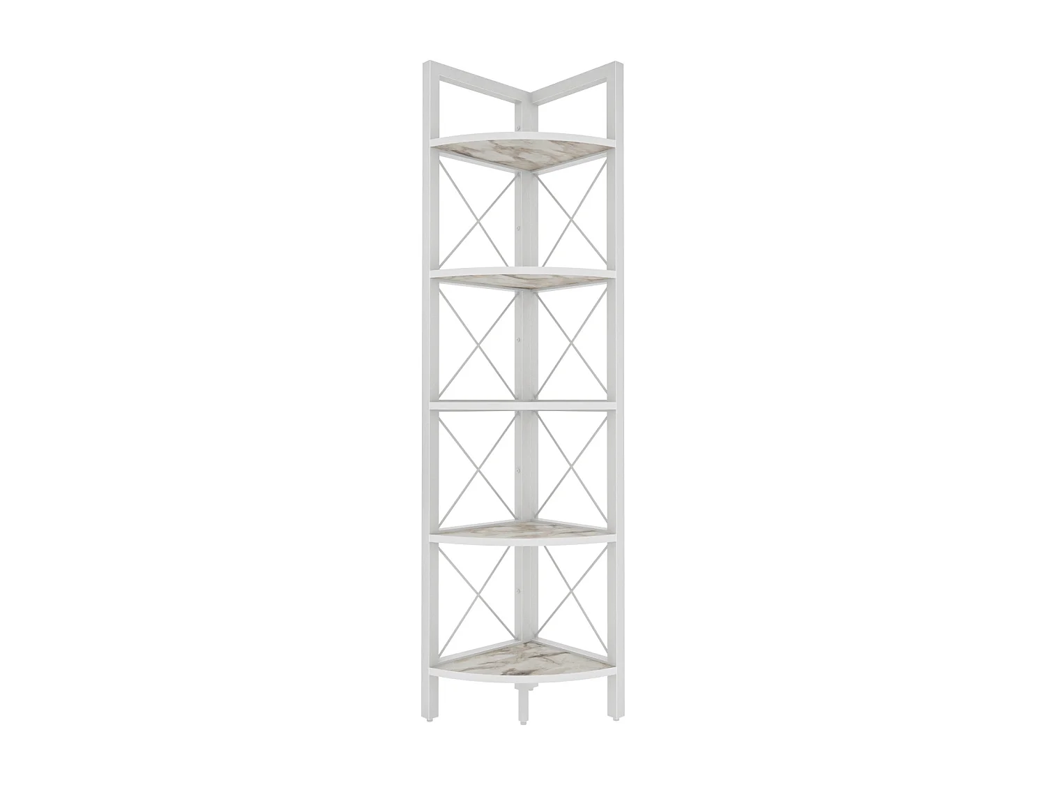 Bibliothèque d'angle Rémo cadre en métal 5-étagères (Effet marbre blanc et Blanc)